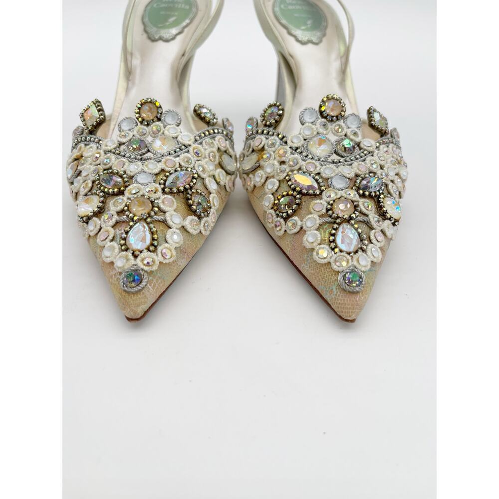 René Caovilla Veneziana Iridescent Shimmer Lace Crystal Slingback Heels IT 38 - Picture 7 of 16